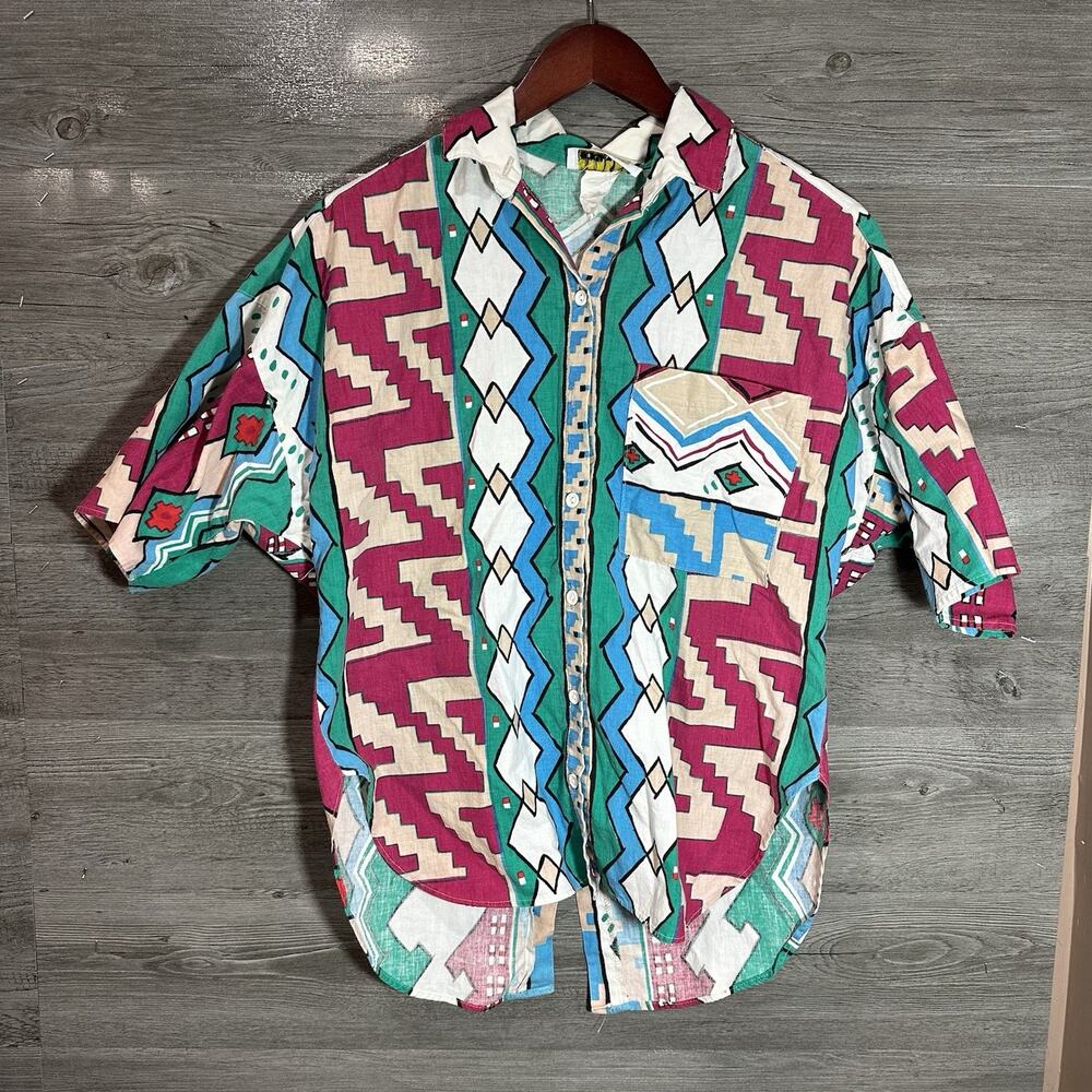 Vintage Sakura Sport Abstract Colorful Aztec Shirt W Buttons Front & Back